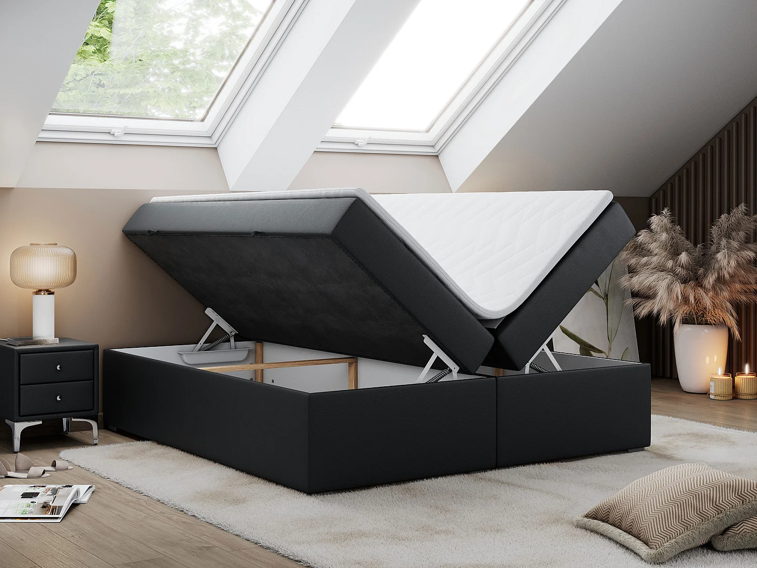 Boxspringbett BESS - Doppelbett mit Stauraum, Polsterbett, Multipocket-Matratzen und Topper - 180x200 cm - H4 - Schwarz Kunstleder