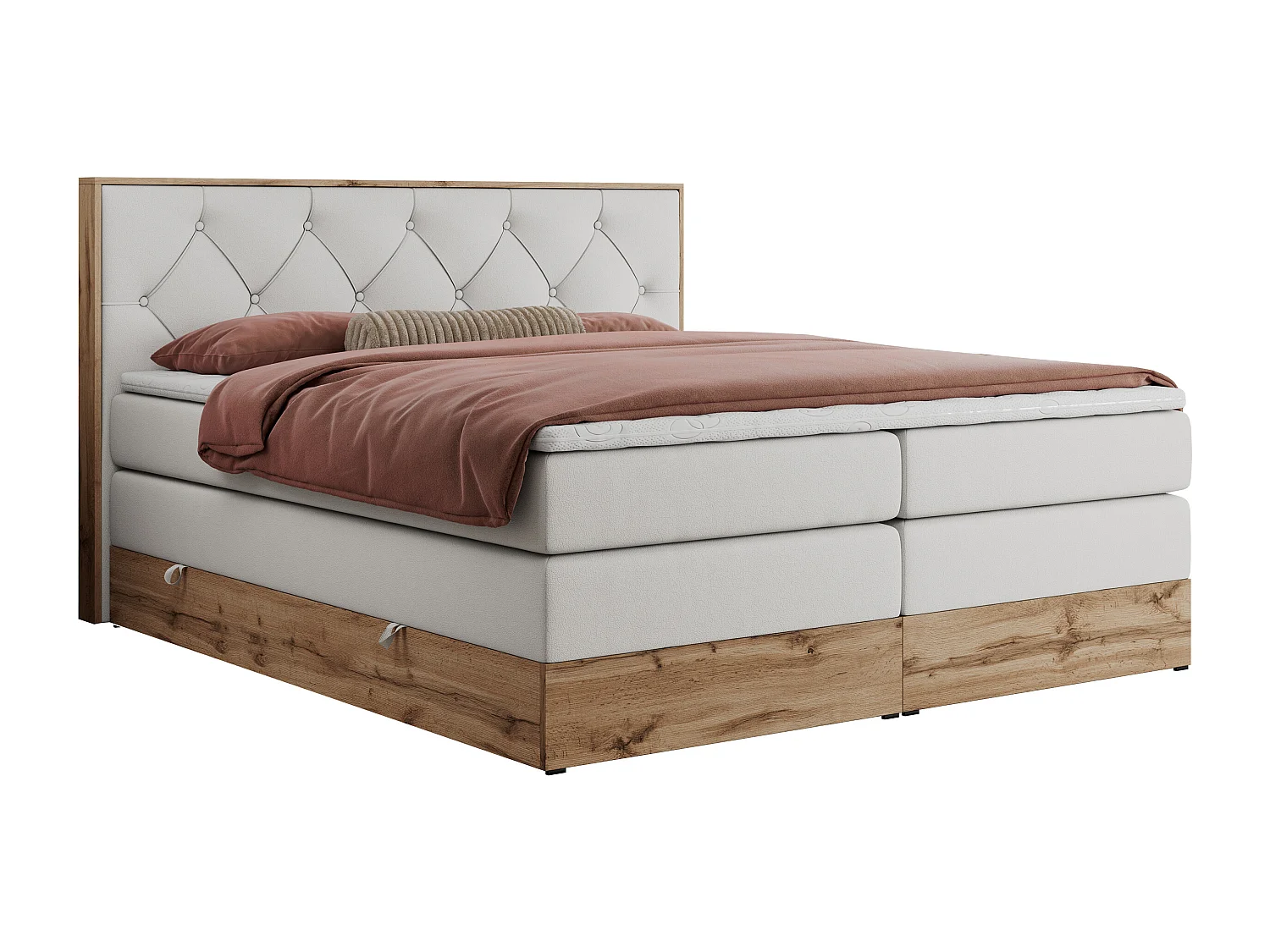 Boxspringbett VENETO KING - Polsterbett mit Multipocket-Matratzen und Kopfteil, Holzrahmen, zwei Bettkästen - 180x200 cm - H3 - Weiß Kunstleder