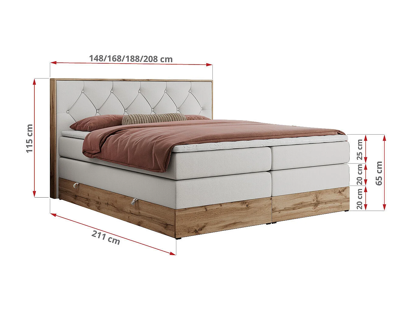 Boxspringbett VENETO KING - Polsterbett mit Multipocket-Matratzen und Kopfteil, Holzrahmen, zwei Bettkästen - 180x200 cm - H3 - Weiß Kunstleder