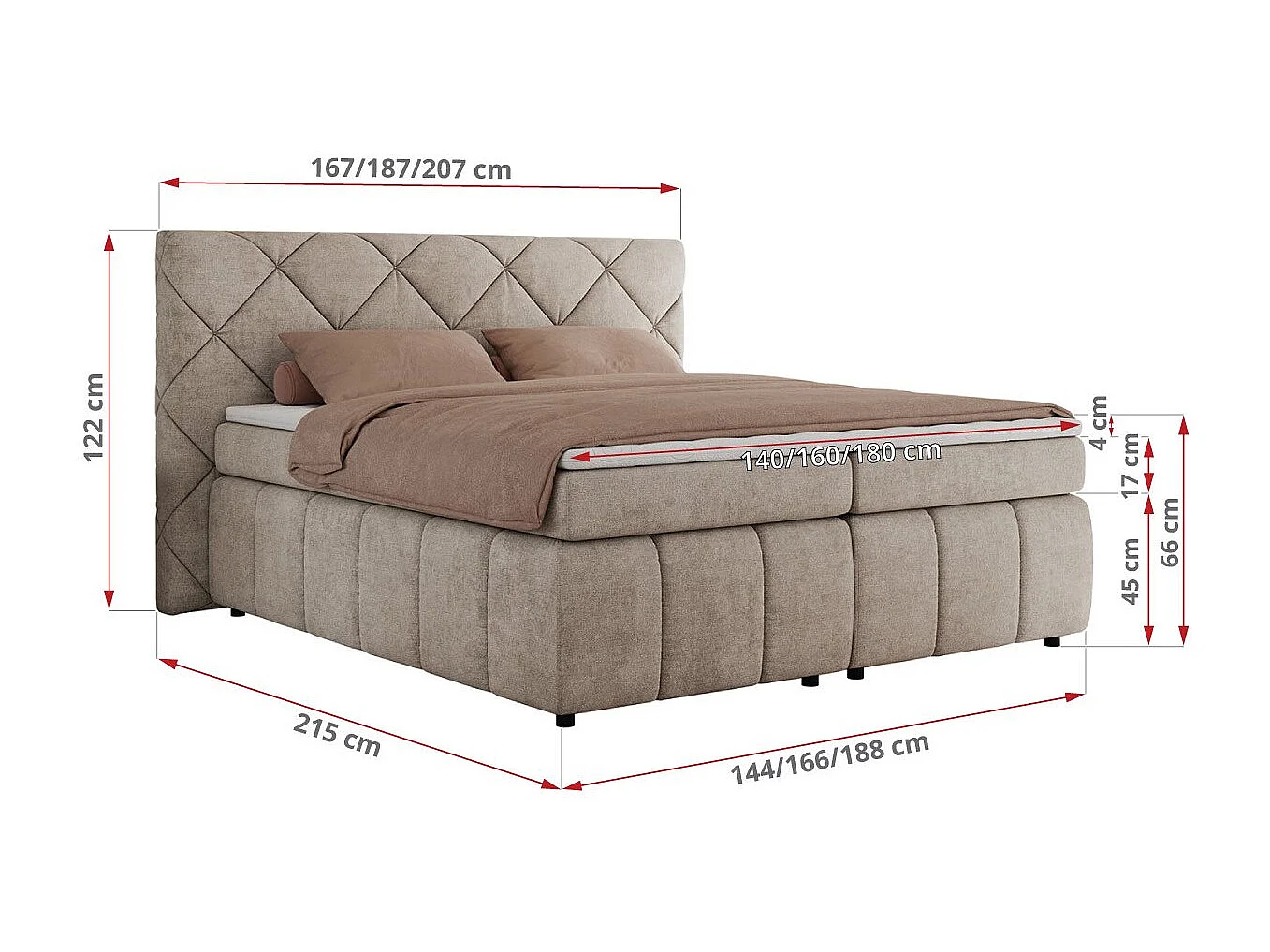 Boxspringbett RITA - Set mit Kopfteil, Multipocket-Matratze und Topper, Doppelbett für Schlafzimmer - 160x200 cm - H3 - Beige Strukture
