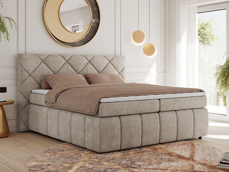 Boxspringbett RITA - Set mit Kopfteil, Multipocket-Matratze und Topper, Doppelbett für Schlafzimmer - 160x200 cm - H3 - Beige Strukture