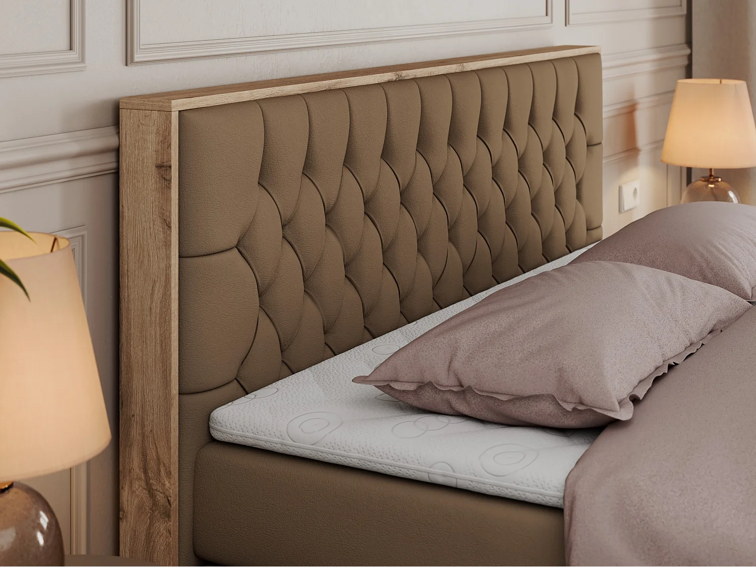 Boxspringbett AMORE KING - gesteppte Kopfstütze, Polsterbett mit zwei Multipocket-Matratzen, Holzrahmen - 140x200 cm - H4 - Braun Kunstleder
