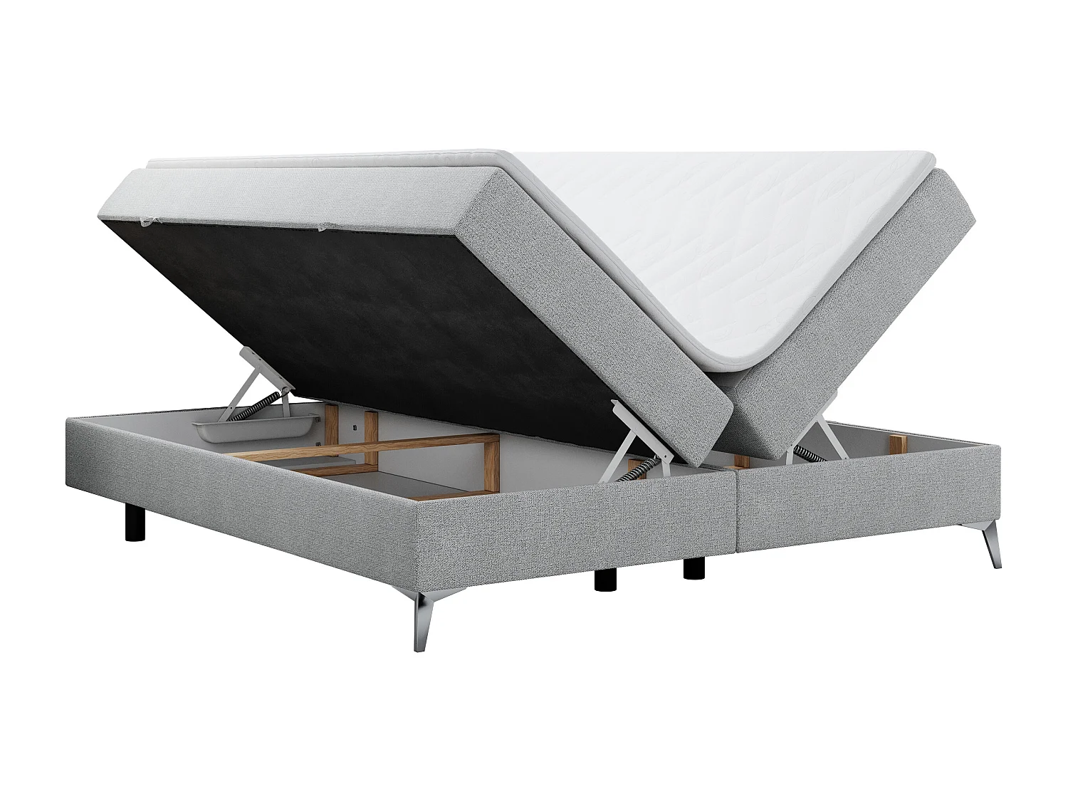 Boxspringbett LESS - Doppelbett mit zwei Bettkästen, 7 Härtezonen Multipocket-Matratzen, hohe Metallbeine - 200x200 cm - H3 - Hellgrau Strukture