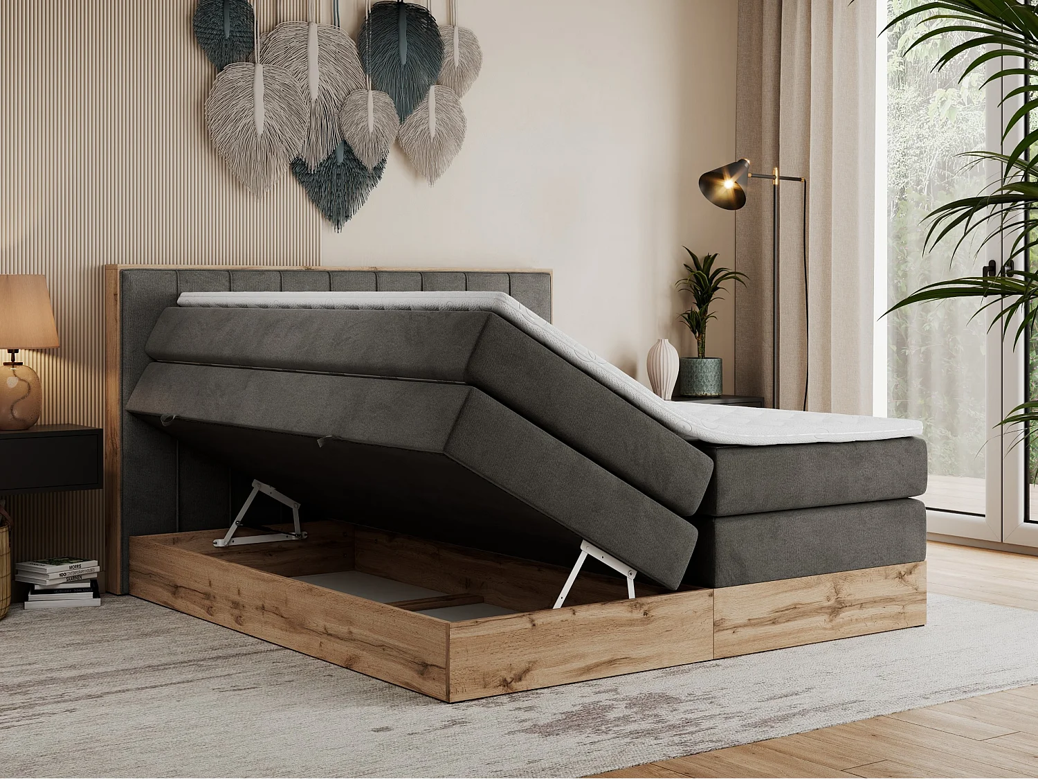 Boxspringbett BELLISSIMO KING - für Schlafzimmer, zwei Multipocket-Matratzen, Set mit Kopfteil und Topper, Holzrahmen - 180x200 cm - H3 - Dunkelgrau Velvet