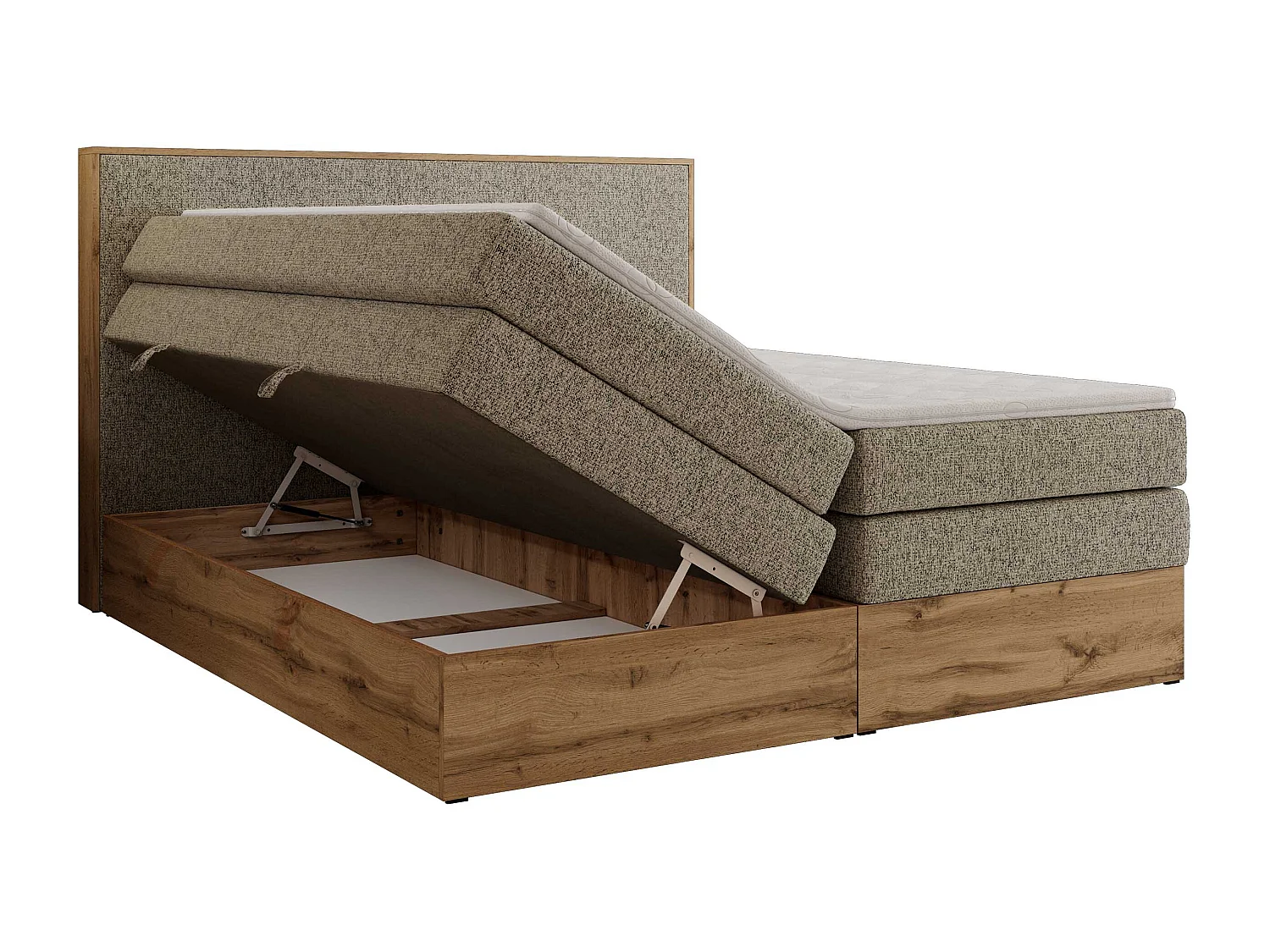 Boxspringbett WOOD CLASSIC KING - Polsterbett mit hohe Kopfteil, zwei Multipocket-Matratze, Bettkästen - 140x200 cm - H4 - Dunkelbeige Strukture