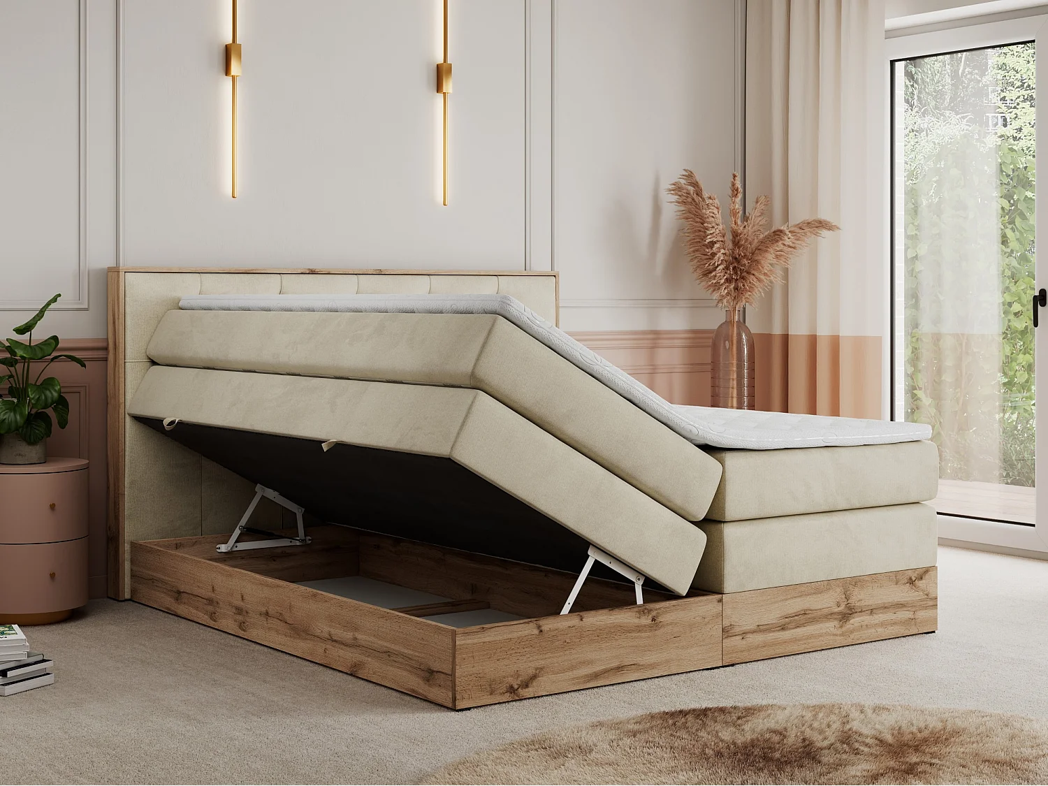Boxspringbett VENETO KING - Polsterbett mit Multipocket-Matratzen und Kopfteil, Holzrahmen, zwei Bettkästen - 200x200 cm - H3 - Beige Velvet