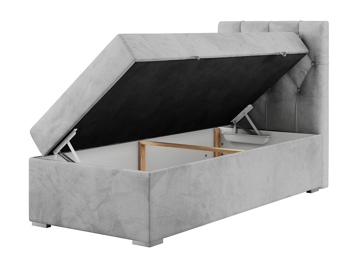 Boxspringbett ALDA - Einzelbett mit gestepptem Kopfteil, Multipocket-Matratze und Topper, Bettkasten - 90x200 cm - H4 - Hellgrau Velvet - Rechts Seite