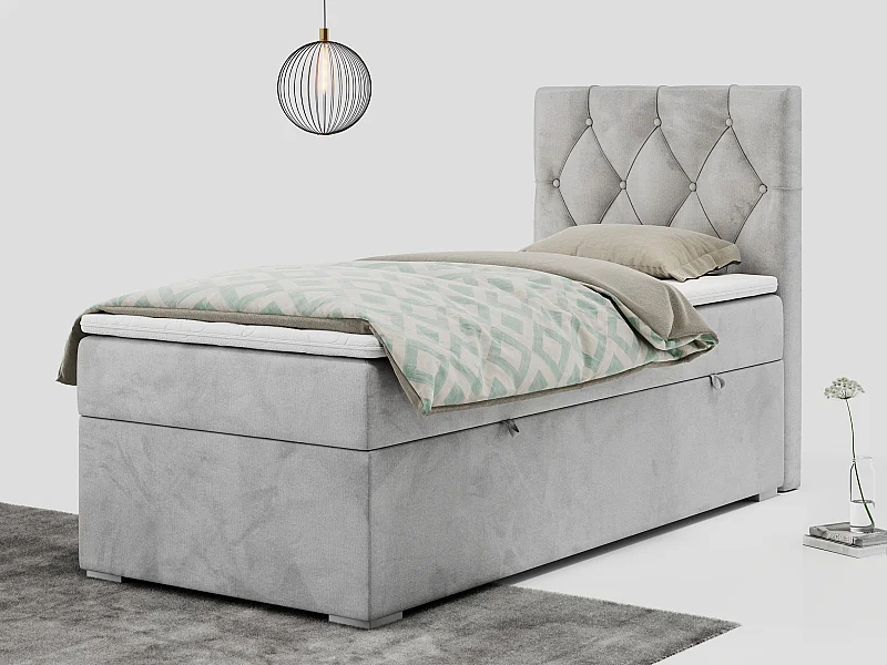 Boxspringbett ALDA - Einzelbett mit gestepptem Kopfteil, Multipocket-Matratze und Topper, Bettkasten - 90x200 cm - H4 - Hellgrau Velvet - Rechts Seite