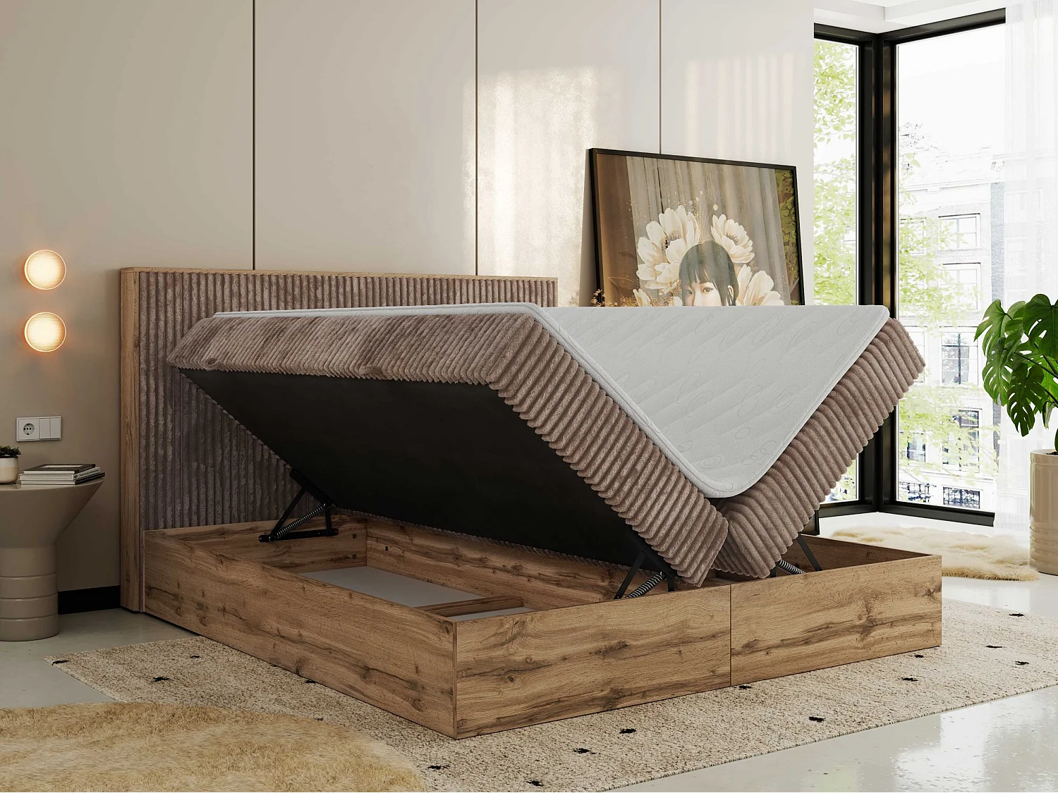 Boxspringbett WOOD CLASSIC - Doppelbett für Schlafzimmer, Set mit Multipocket-Matratze, Holzrahmen - 160x200 cm - H3 - Braun Cord