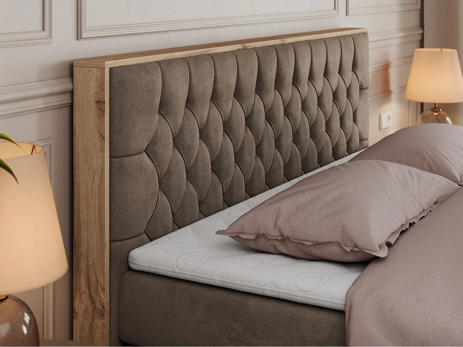 Boxspringbett AMORE KING - gesteppte Kopfstütze, Polsterbett mit zwei Multipocket-Matratzen, Holzrahmen - 160x200 cm - H3 - Braun Velvet