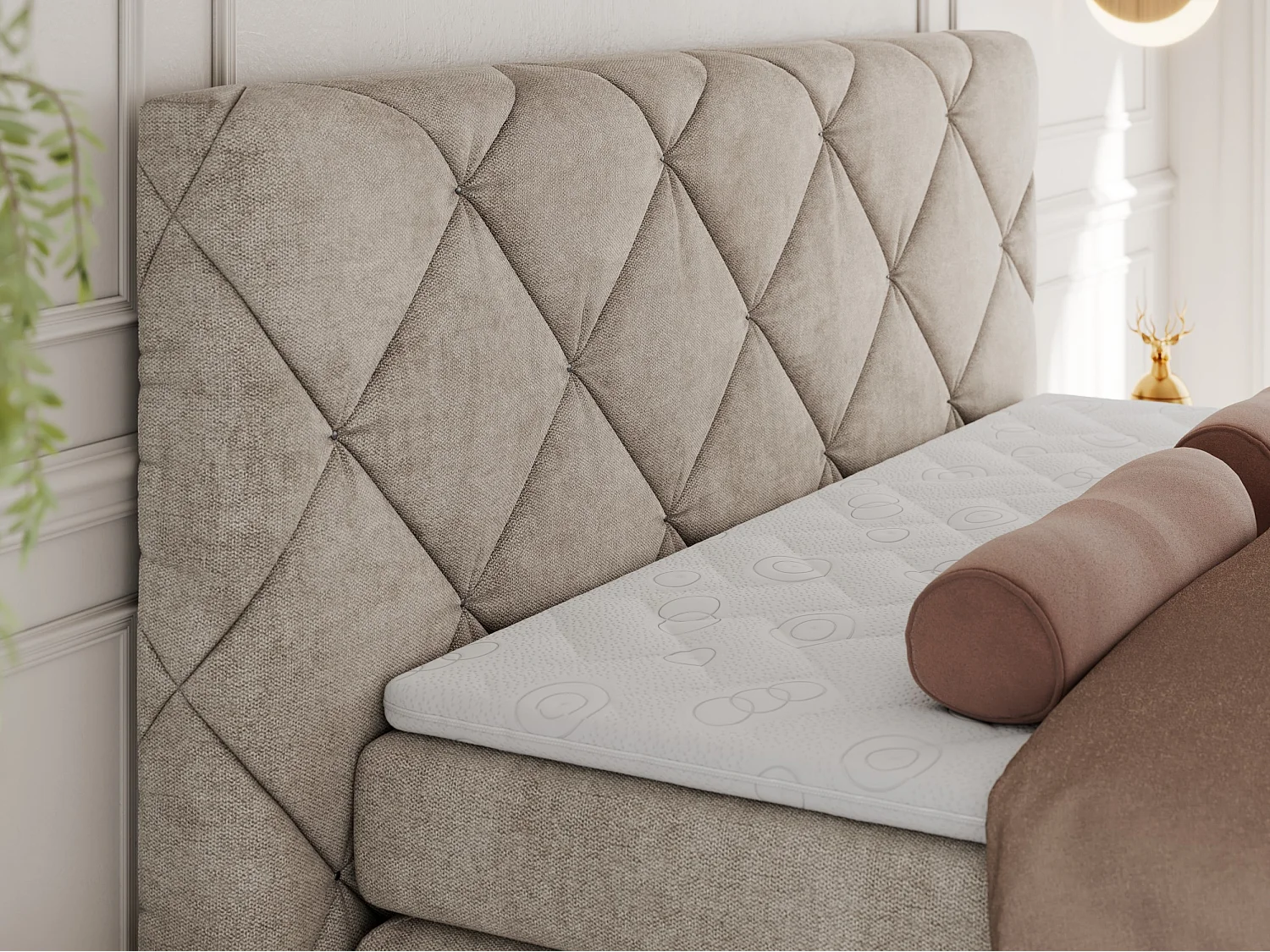 Boxspringbett RITA - Set mit Kopfteil, Multipocket-Matratze und Topper, Doppelbett für Schlafzimmer - 180x200 cm - H3 - Beige Strukture