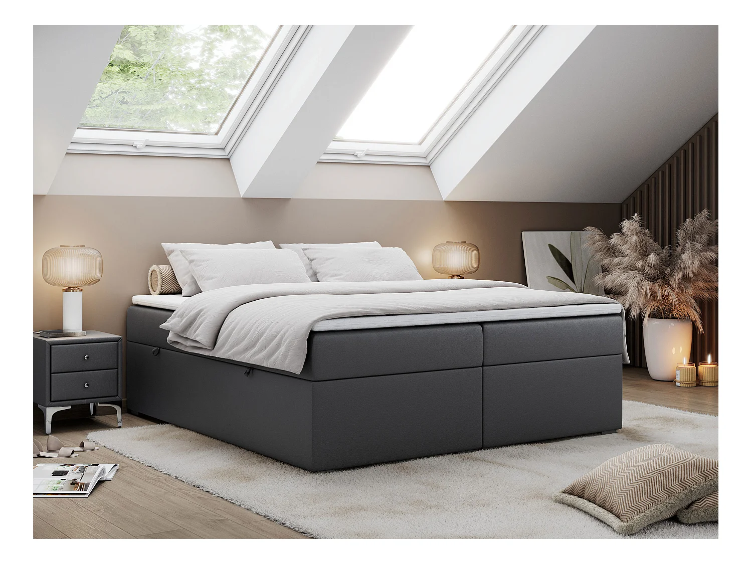 Boxspringbett BESS - Doppelbett mit Stauraum, Polsterbett, Multipocket-Matratzen und Topper - 160x200 cm - H3 - Dunkelgrau Kunstleder