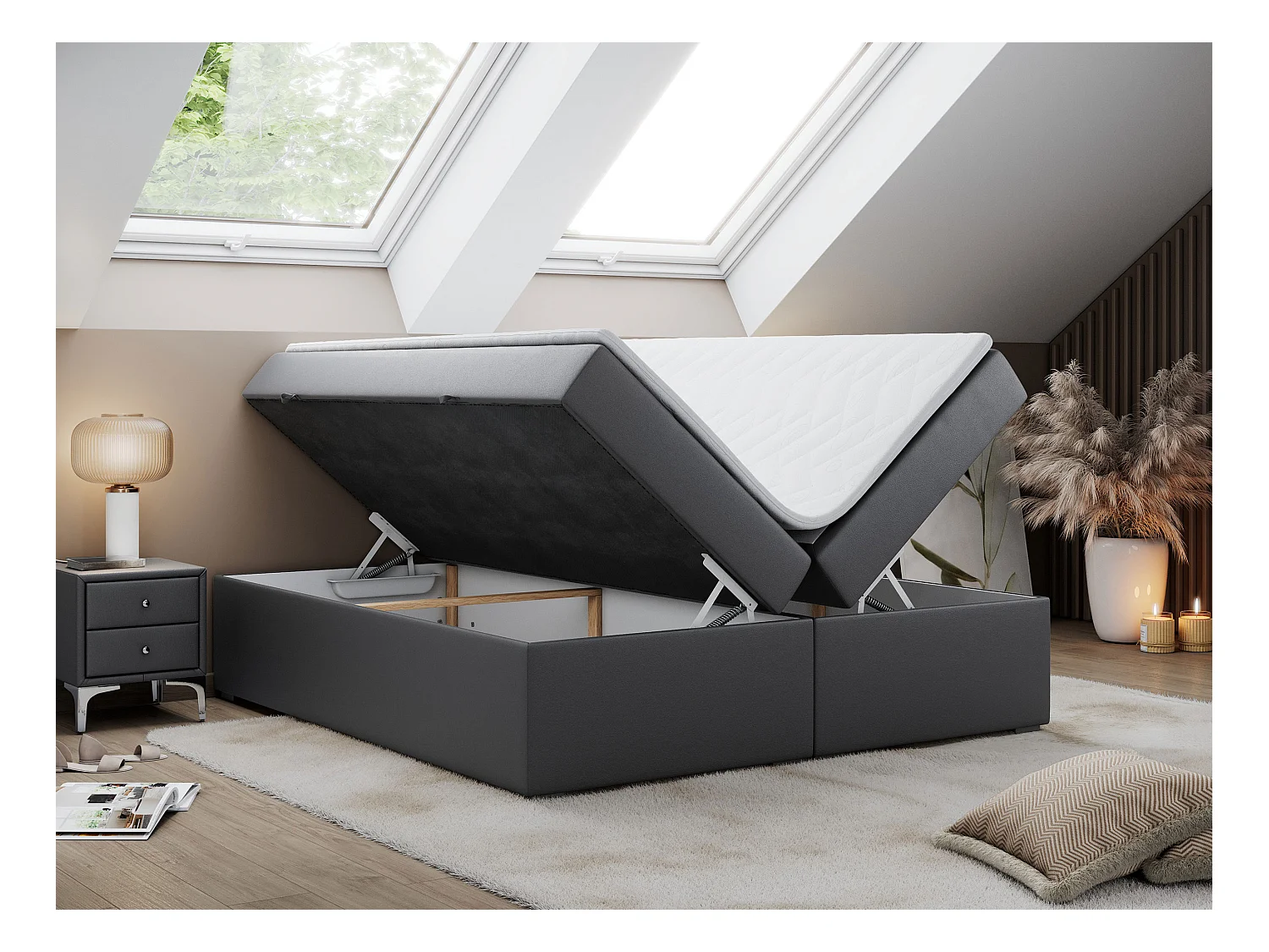 Boxspringbett BESS - Doppelbett mit Stauraum, Polsterbett, Multipocket-Matratzen und Topper - 160x200 cm - H3 - Dunkelgrau Kunstleder