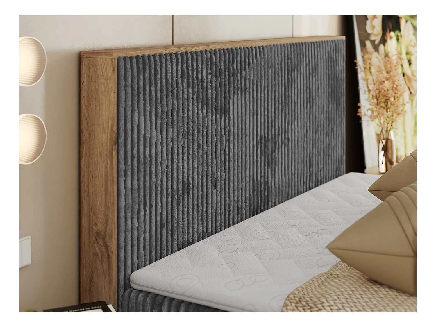 Boxspringbett WOOD CLASSIC - Doppelbett für Schlafzimmer, Set mit Multipocket-Matratze, Holzrahmen - 140x200 cm - H4 - Grau Cord