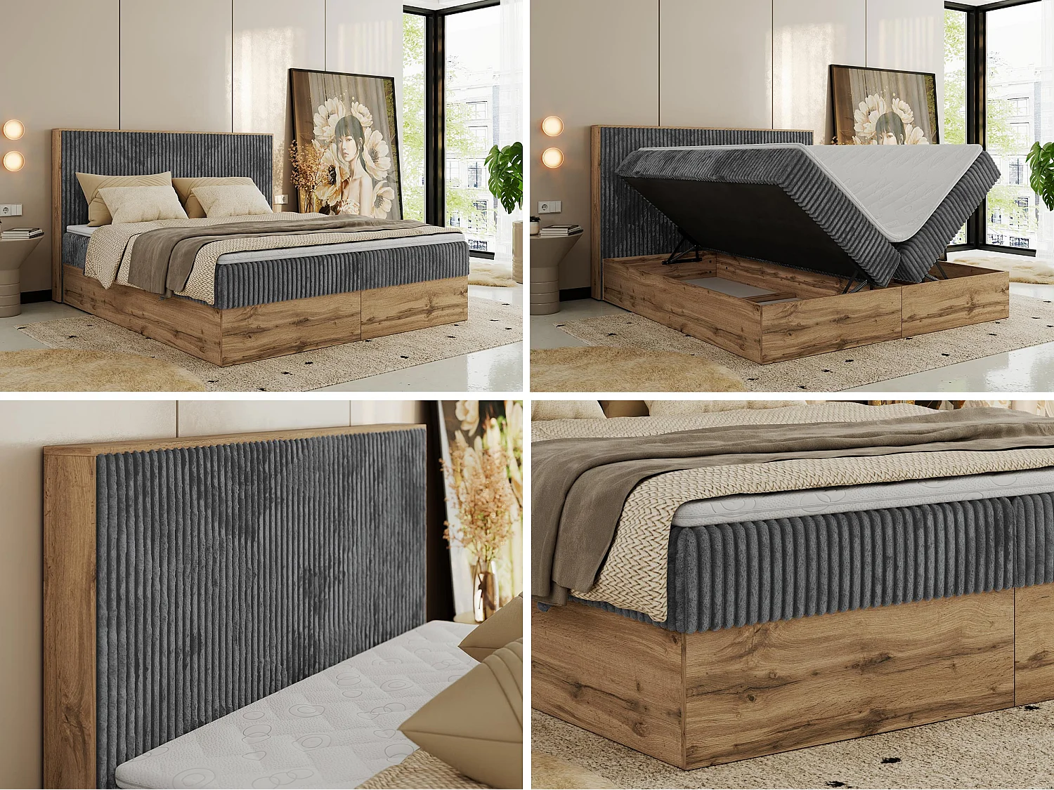 Boxspringbett WOOD CLASSIC - Doppelbett für Schlafzimmer, Set mit Multipocket-Matratze, Holzrahmen - 140x200 cm - H4 - Grau Cord