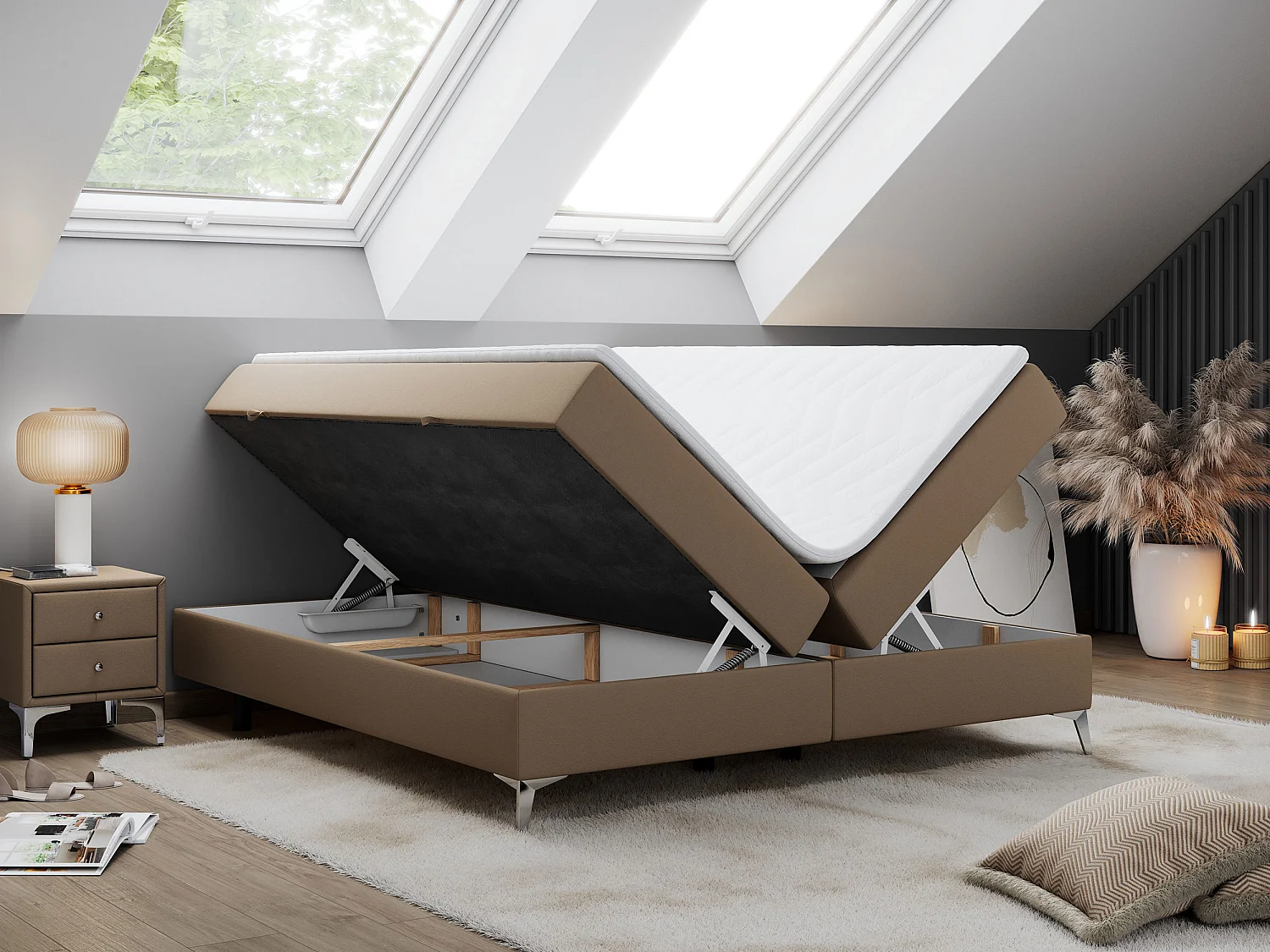 Boxspringbett LESS - Doppelbett mit zwei Bettkästen, 7 Härtezonen Multipocket-Matratzen, hohe Metallbeine - 120x200 cm - H4 - Braun Kunstleder