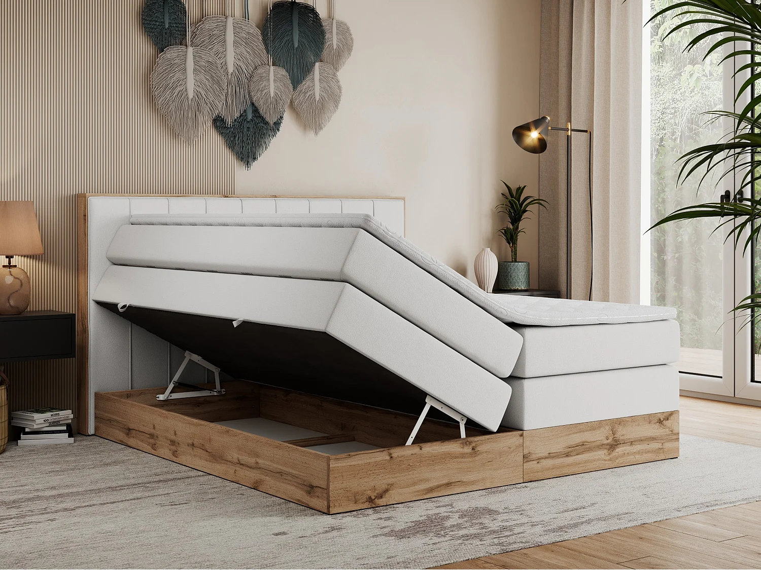 Boxspringbett BELLISSIMO KING - für Schlafzimmer, zwei Multipocket-Matratzen, Set mit Kopfteil und Topper, Holzrahmen - 140x200 cm - H3 - Weiß Kunstleder
