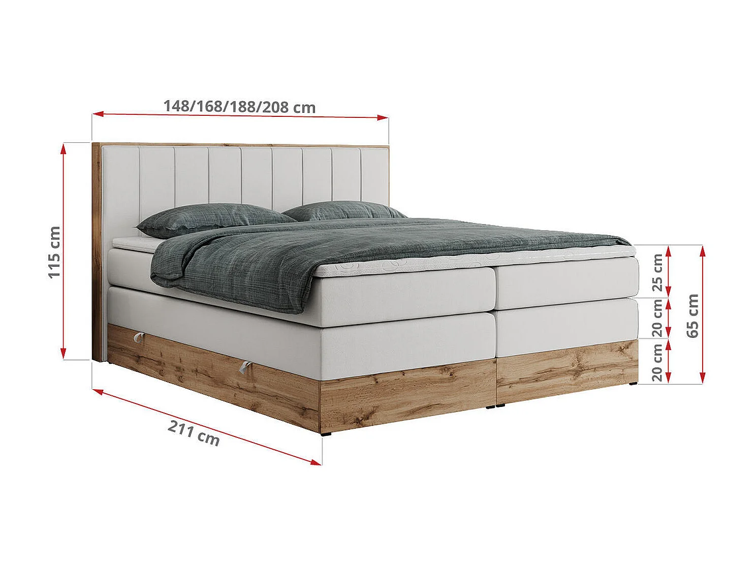 Boxspringbett BELLISSIMO KING - für Schlafzimmer, zwei Multipocket-Matratzen, Set mit Kopfteil und Topper, Holzrahmen - 140x200 cm - H3 - Weiß Kunstleder