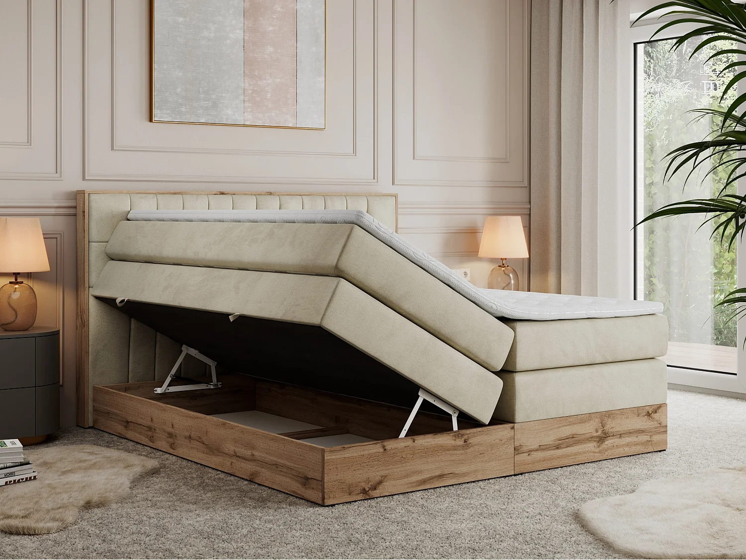 Boxspringbett AMORE KING - gesteppte Kopfstütze, Polsterbett mit zwei Multipocket-Matratzen, Holzrahmen - 160x200 cm - H4 - Beige Velvet