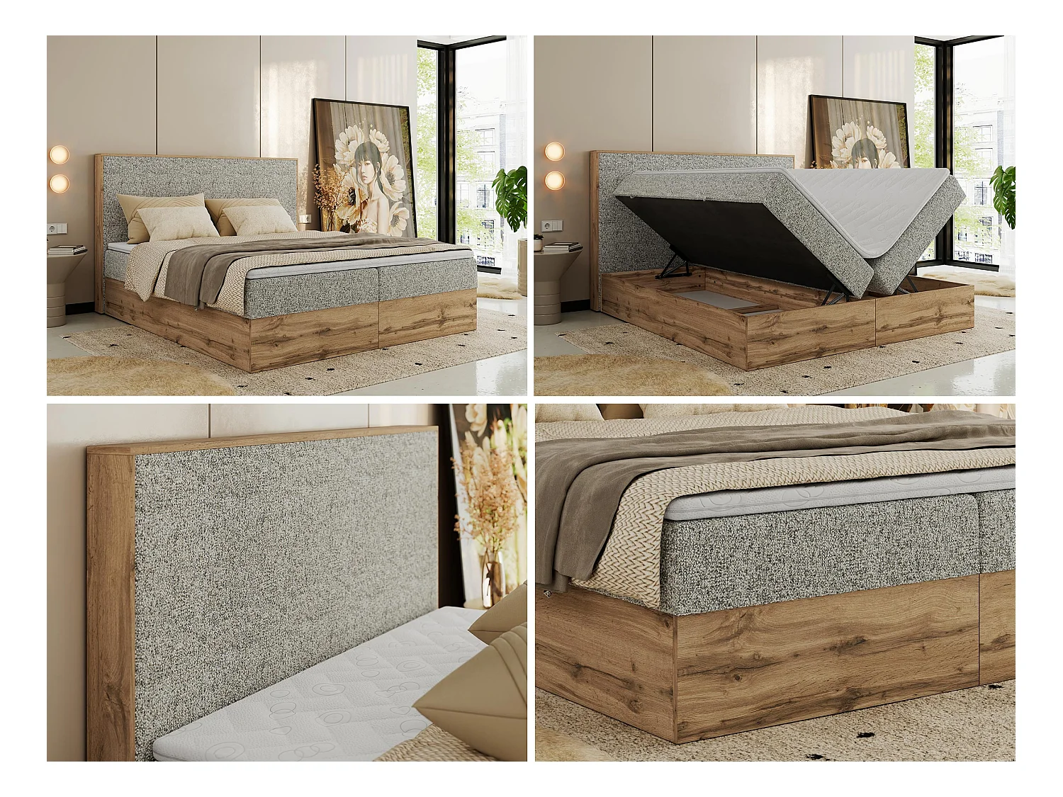 Boxspringbett WOOD CLASSIC - Doppelbett für Schlafzimmer, Set mit Multipocket-Matratze, Holzrahmen - 160x200 cm - H4 - Beige Strukture