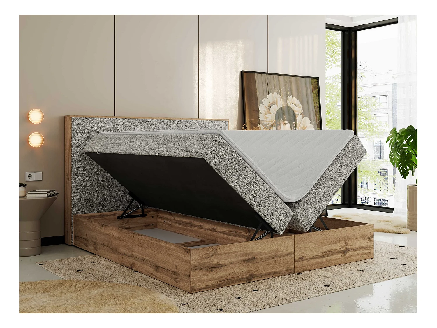 Boxspringbett WOOD CLASSIC - Doppelbett für Schlafzimmer, Set mit Multipocket-Matratze, Holzrahmen - 160x200 cm - H4 - Beige Strukture