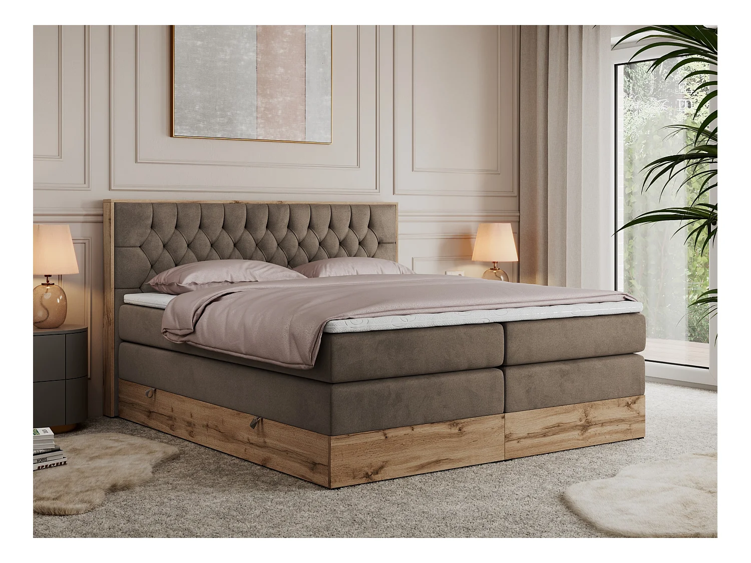 Boxspringbett AMORE KING - gesteppte Kopfstütze, Polsterbett mit zwei Multipocket-Matratzen, Holzrahmen - 200x200 cm - H3 - Braun Velvet