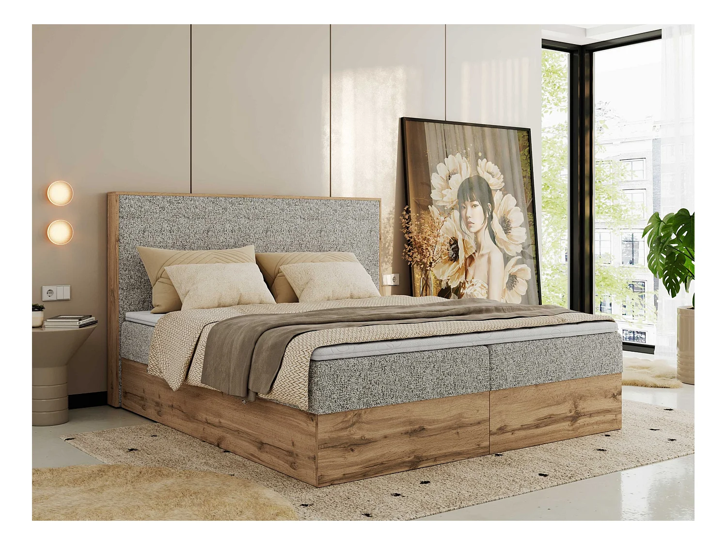 Boxspringbett WOOD CLASSIC - Doppelbett für Schlafzimmer, Set mit Multipocket-Matratze, Holzrahmen - 200x200 cm - H4 - Beige Strukture