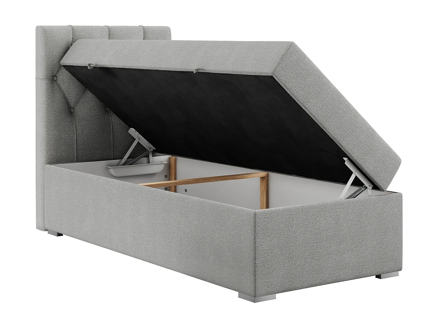 Boxspringbett ALDA - Einzelbett mit gestepptem Kopfteil, Multipocket-Matratze und Topper, Bettkasten - 90x200 cm - H3 - Hellgrau Strukture - Links Seite