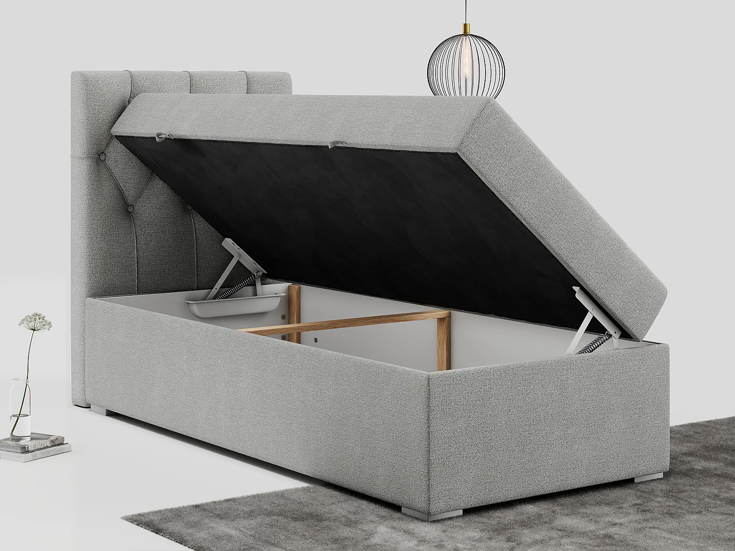 Boxspringbett ALDA - Einzelbett mit gestepptem Kopfteil, Multipocket-Matratze und Topper, Bettkasten - 90x200 cm - H3 - Hellgrau Strukture - Links Seite