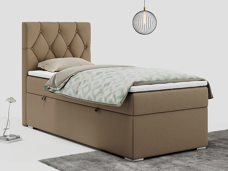 Boxspringbett ALDA - Einzelbett mit gestepptem Kopfteil, Multipocket-Matratze und Topper, Bettkasten - 90x200 cm - H3 - Braun Kunstleder - Links Seite