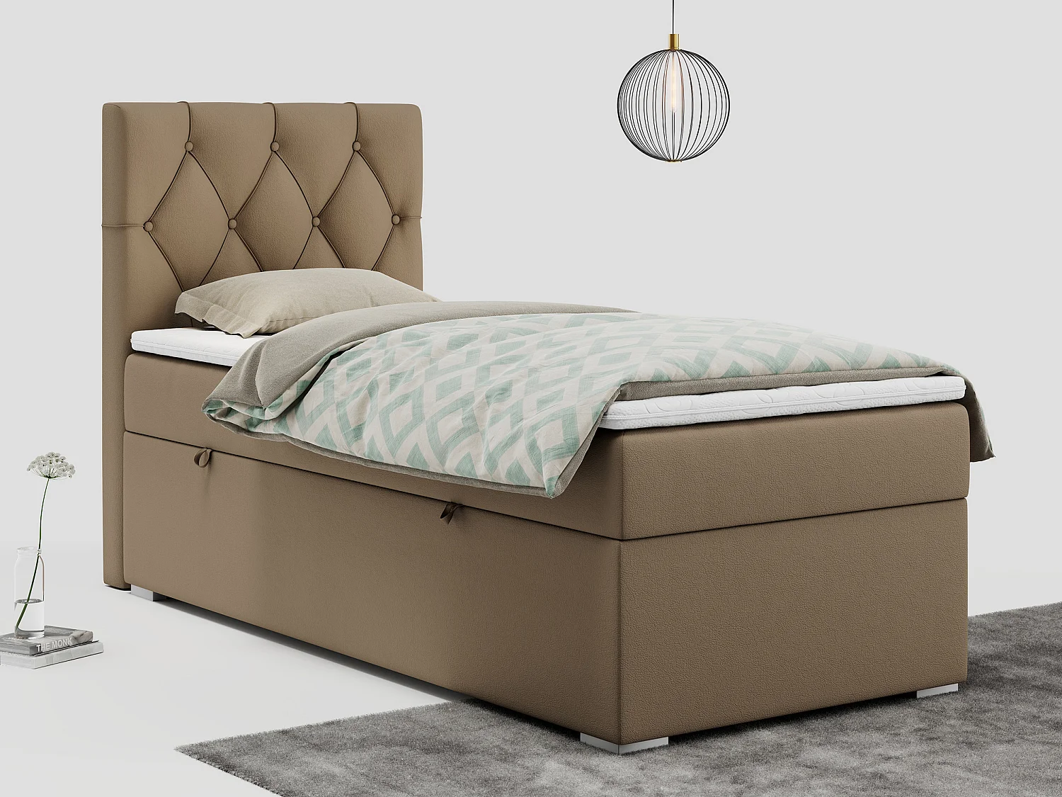 Boxspringbett ALDA - Einzelbett mit gestepptem Kopfteil, Multipocket-Matratze und Topper, Bettkasten - 90x200 cm - H3 - Braun Kunstleder - Links Seite