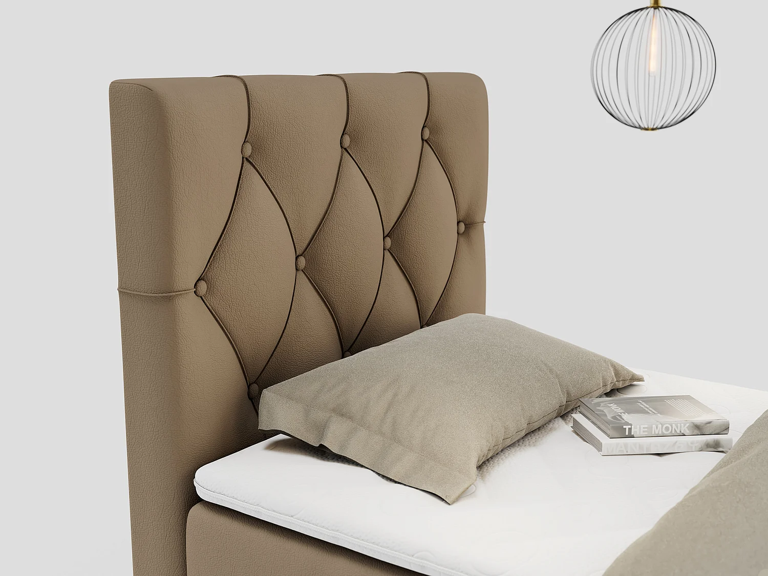 Boxspringbett ALDA - Einzelbett mit gestepptem Kopfteil, Multipocket-Matratze und Topper, Bettkasten - 90x200 cm - H3 - Braun Kunstleder - Links Seite