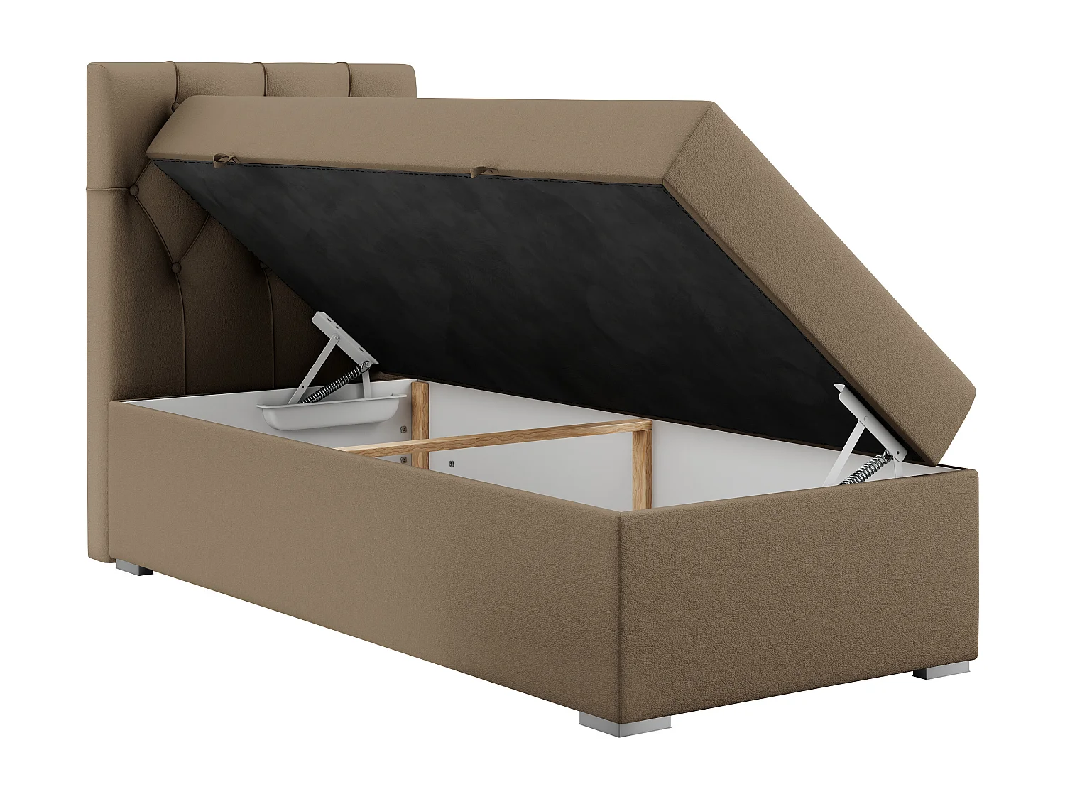Boxspringbett ALDA - Einzelbett mit gestepptem Kopfteil, Multipocket-Matratze und Topper, Bettkasten - 90x200 cm - H3 - Braun Kunstleder - Links Seite