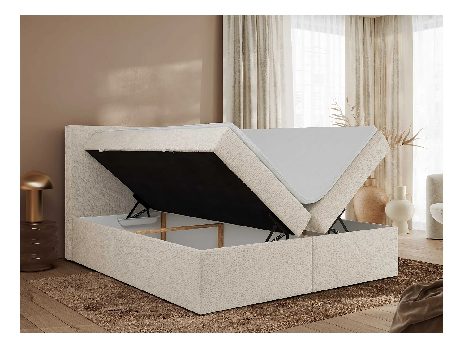 Boxspringbett JAGUAR - Doppelbett mit Multipocket-Matratze und Topper, Struktur dekostoff, zwei Bettkästen - 180x200 cm - H4 - Hellbeige Struktur