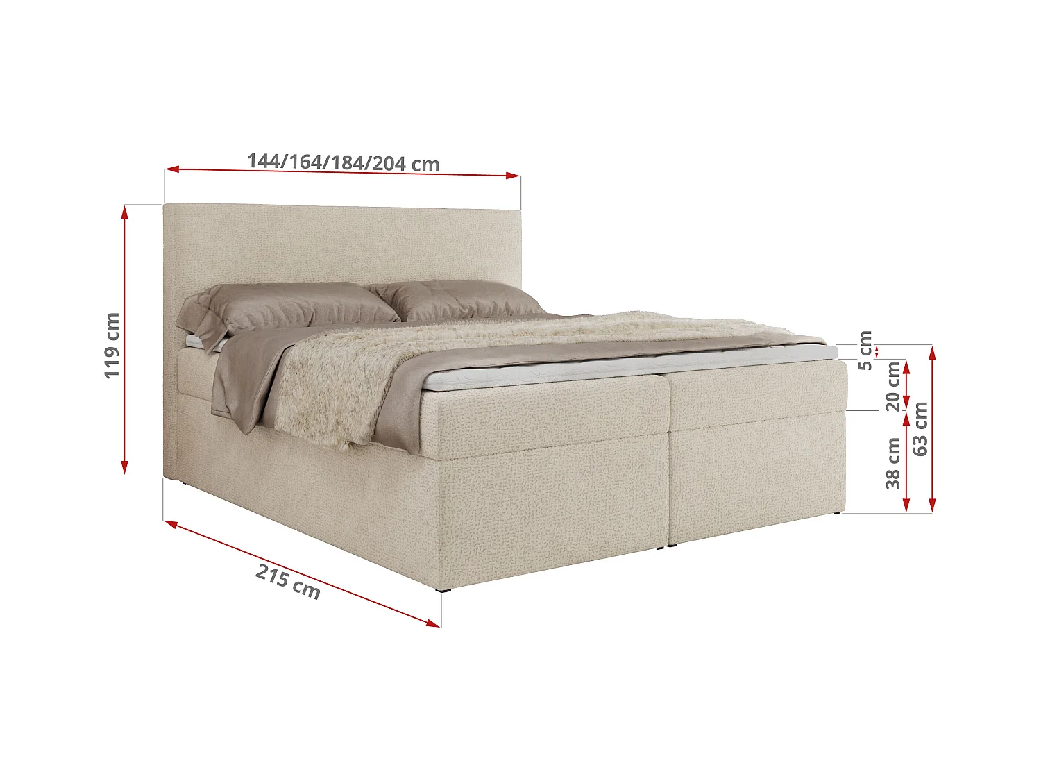 Boxspringbett JAGUAR - Doppelbett mit Multipocket-Matratze und Topper, Struktur dekostoff, zwei Bettkästen - 180x200 cm - H4 - Hellbeige Struktur