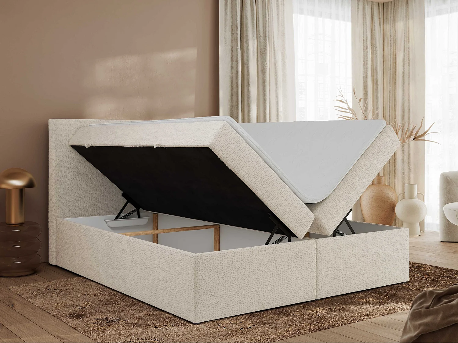 Boxspringbett JAGUAR - Doppelbett mit Multipocket-Matratze und Topper, Struktur dekostoff, zwei Bettkästen - 180x200 cm - H4 - Hellbeige Struktur