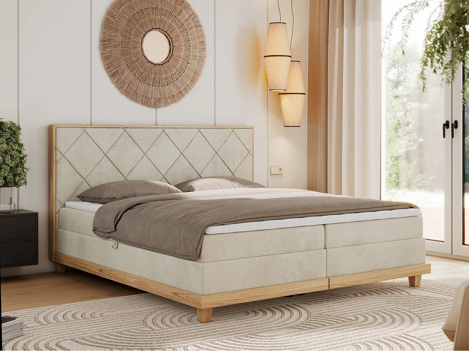 Boxspringbett CAICOS - mit gestepptem Kopfteil, Multipocket-Matratze und Topper, Holzelementen - 140x200 cm - H3 - Beige Velvet