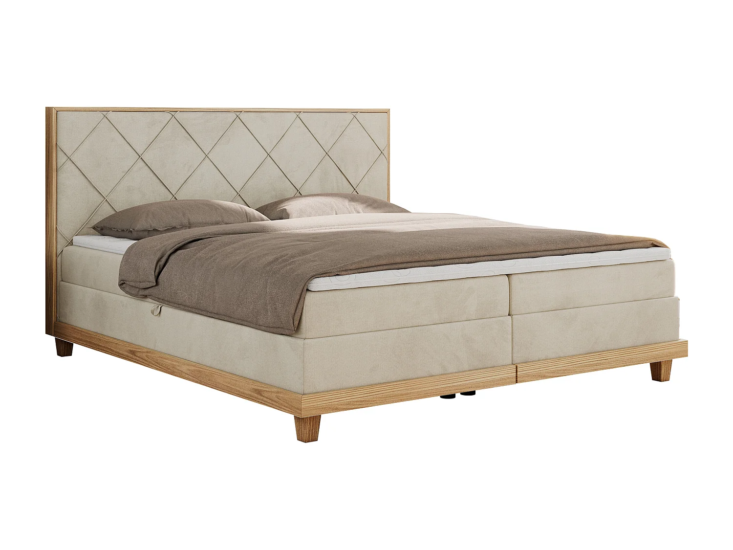 Boxspringbett CAICOS - mit gestepptem Kopfteil, Multipocket-Matratze und Topper, Holzelementen - 140x200 cm - H3 - Beige Velvet