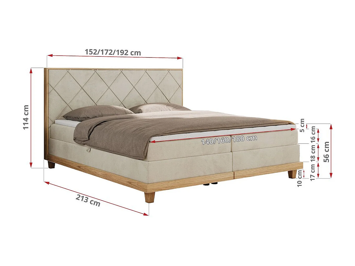 Boxspringbett CAICOS - mit gestepptem Kopfteil, Multipocket-Matratze und Topper, Holzelementen - 140x200 cm - H3 - Beige Velvet