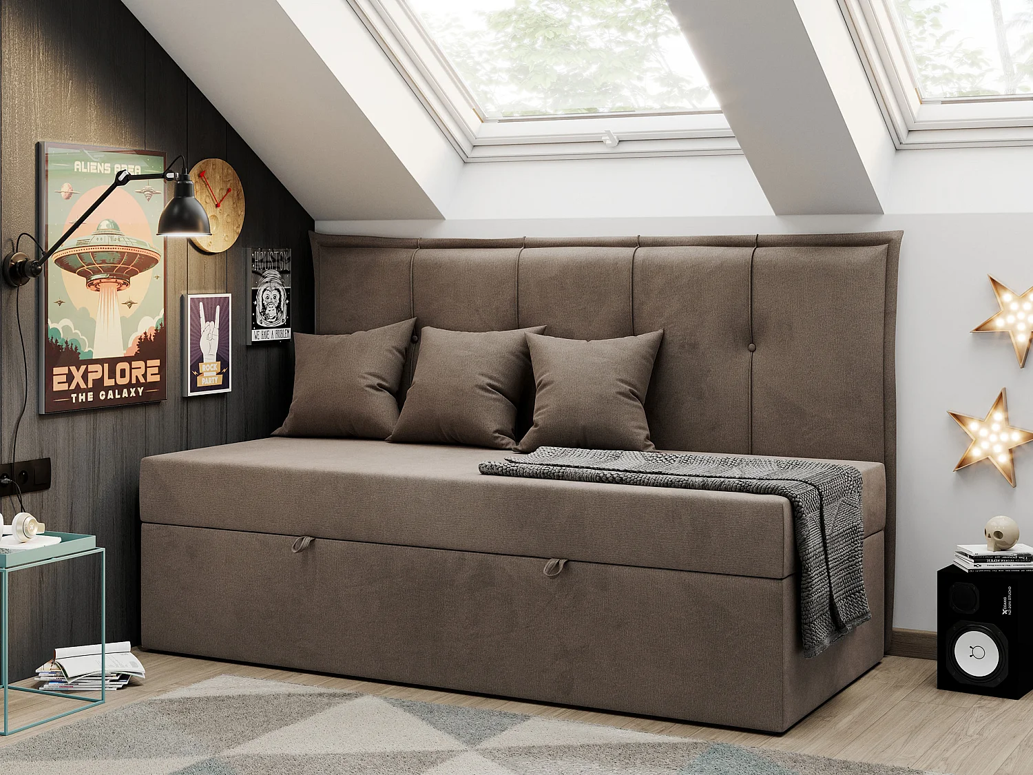 Kinderbett BANCO - Einzelbett für Jugendliche, Set mit Kopfteil und Matratze, Boxspringbett, Bettkasten - 90x200 cm - Braun Velvet