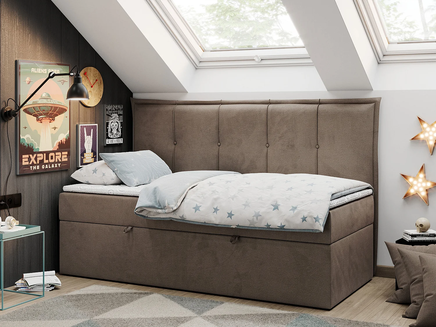 Kinderbett BANCO - Einzelbett für Jugendliche, Set mit Kopfteil und Matratze, Boxspringbett, Bettkasten - 90x200 cm - Braun Velvet