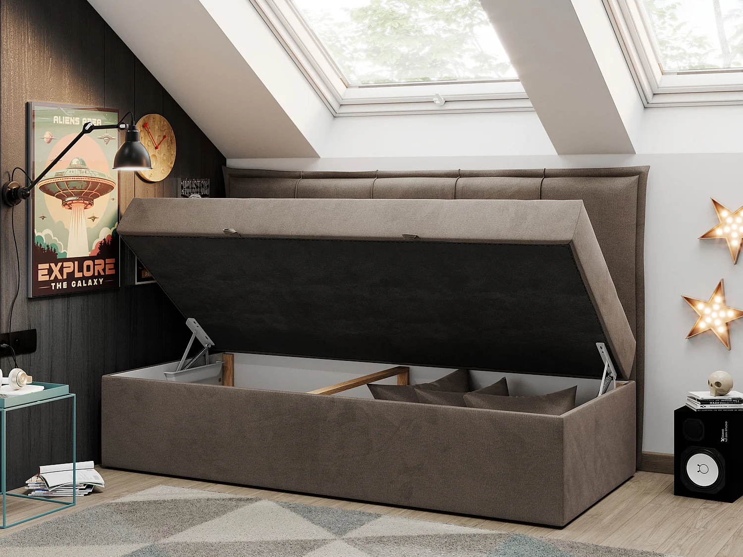 Kinderbett BANCO - Einzelbett für Jugendliche, Set mit Kopfteil und Matratze, Boxspringbett, Bettkasten - 90x200 cm - Braun Velvet