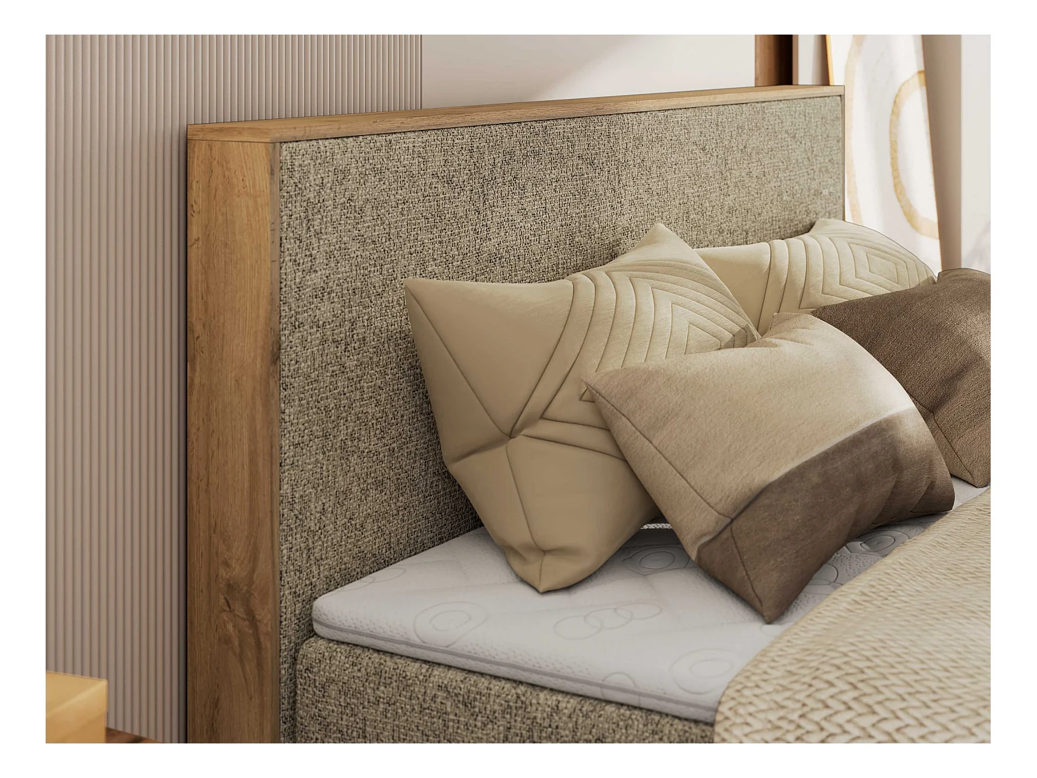 Boxspringbett WOOD CLASSIC KING - Polsterbett mit hohe Kopfteil, zwei Multipocket-Matratze, Bettkästen - 140x200 cm - H3 - Dunkelbeige Strukture