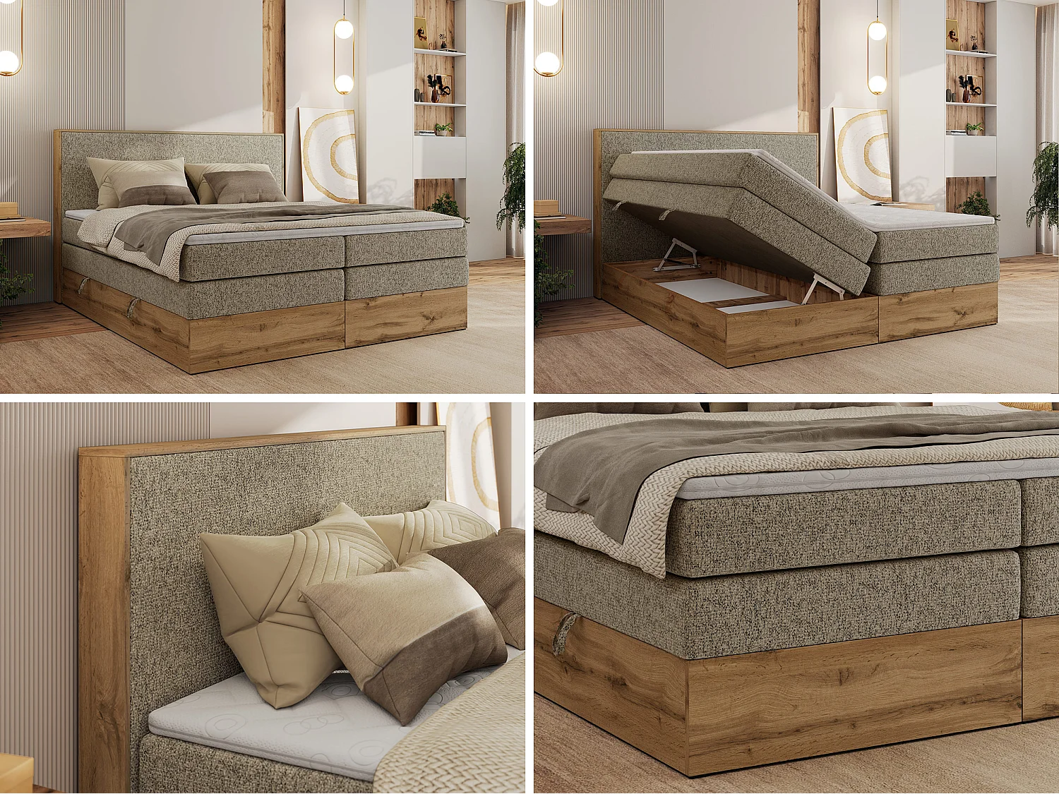 Boxspringbett WOOD CLASSIC KING - Polsterbett mit hohe Kopfteil, zwei Multipocket-Matratze, Bettkästen - 140x200 cm - H3 - Dunkelbeige Strukture