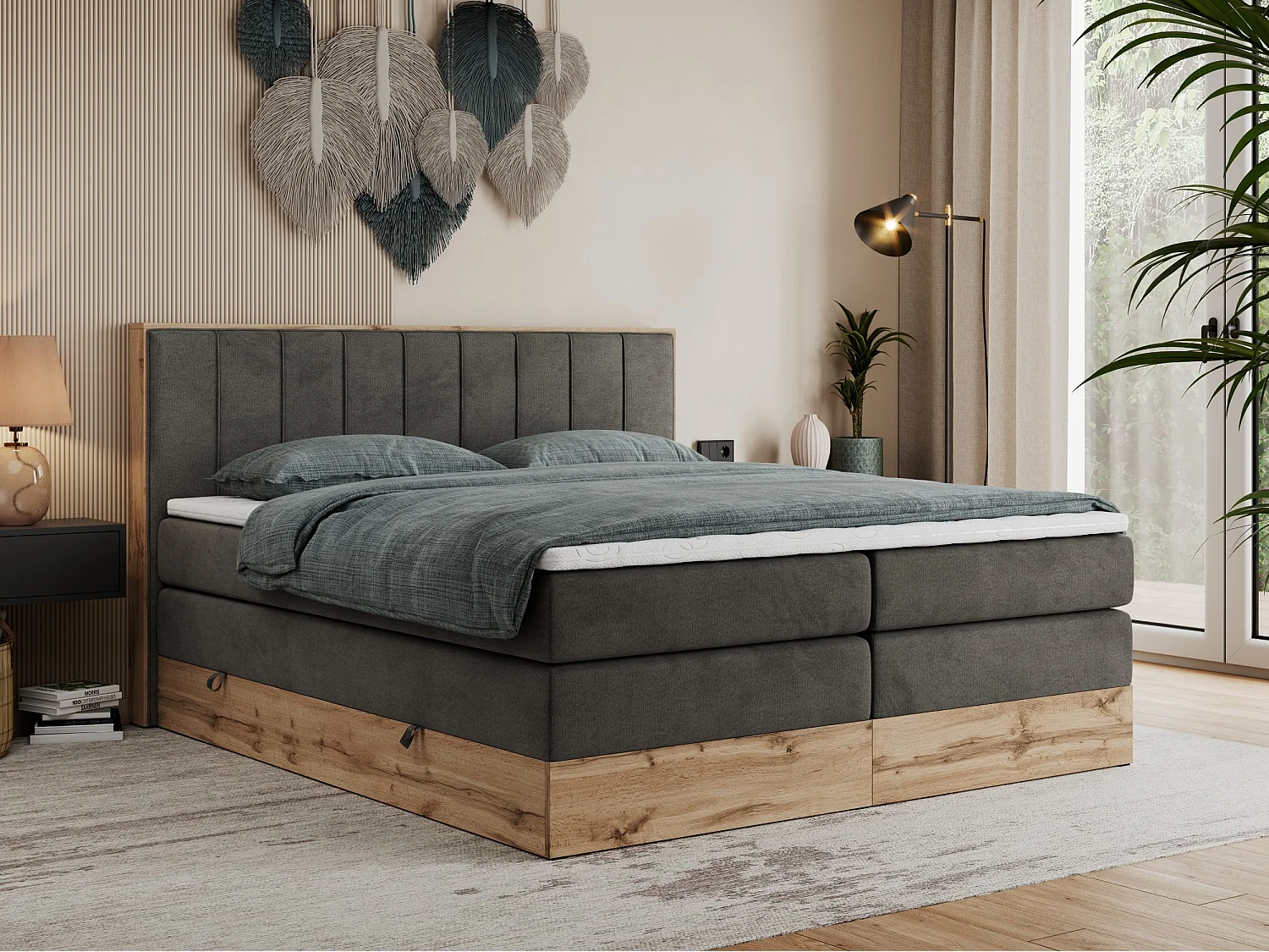 Boxspringbett BELLISSIMO KING - für Schlafzimmer, zwei Multipocket-Matratzen, Set mit Kopfteil und Topper, Holzrahmen - 200x200 cm - H4 - Dunkelgrau Velvet
