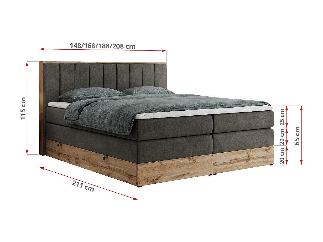Boxspringbett BELLISSIMO KING - für Schlafzimmer, zwei Multipocket-Matratzen, Set mit Kopfteil und Topper, Holzrahmen - 200x200 cm - H4 - Dunkelgrau Velvet