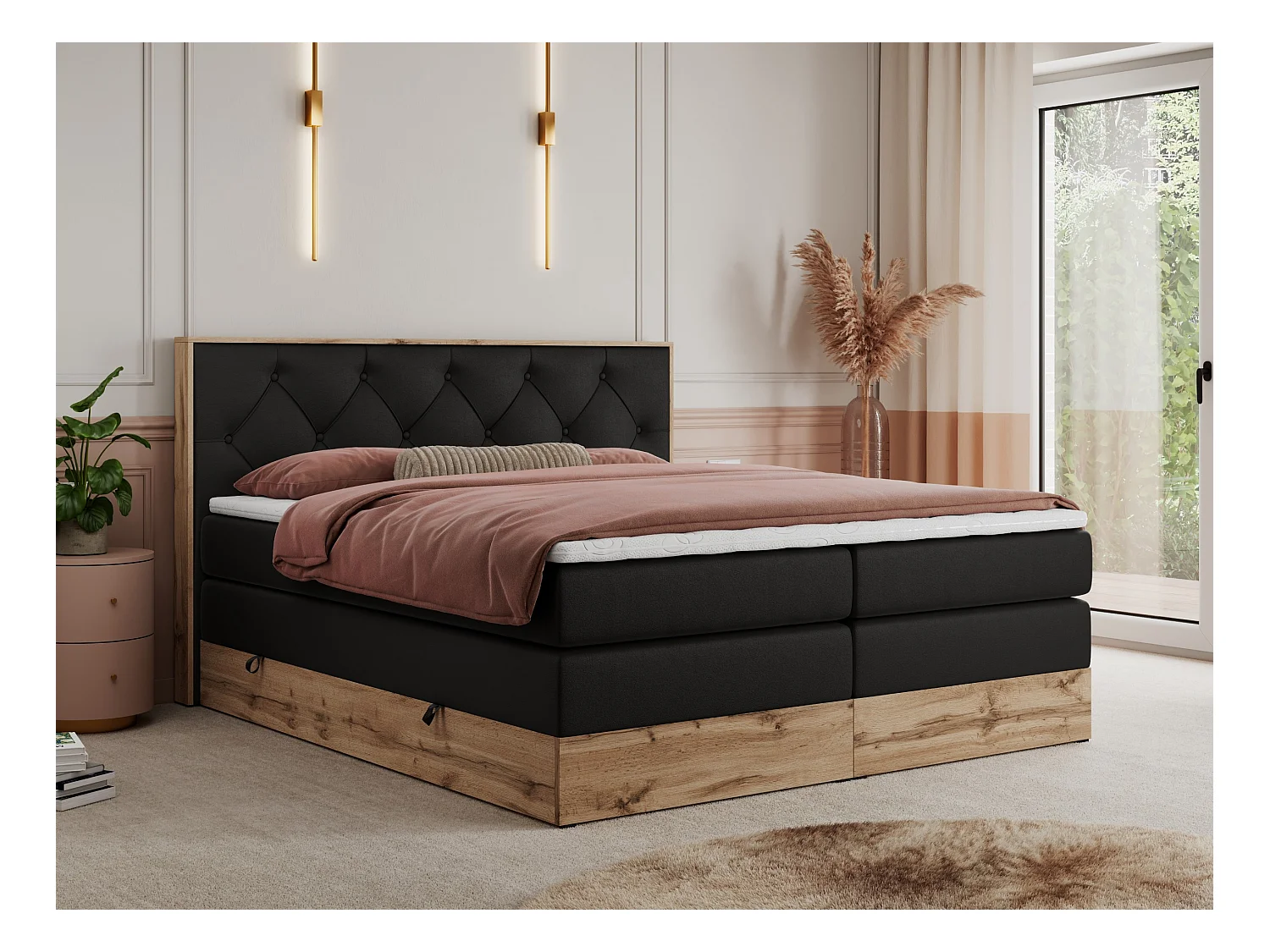 Boxspringbett VENETO KING - Polsterbett mit Multipocket-Matratzen und Kopfteil, Holzrahmen, zwei Bettkästen - 160x200 cm - H3 - Schwarz Kunstleder