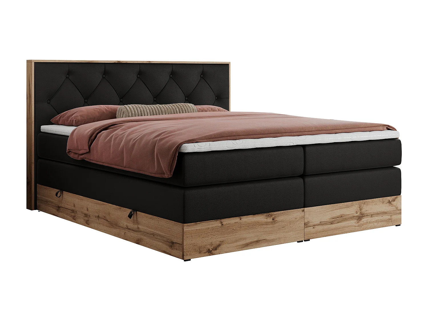 Boxspringbett VENETO KING - Polsterbett mit Multipocket-Matratzen und Kopfteil, Holzrahmen, zwei Bettkästen - 160x200 cm - H3 - Schwarz Kunstleder