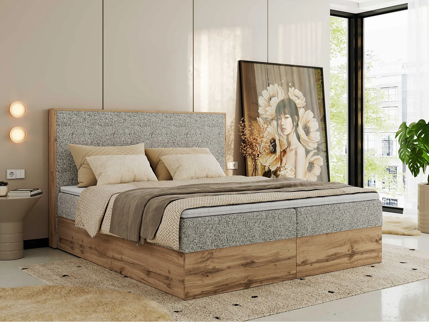 Boxspringbett WOOD CLASSIC - Doppelbett für Schlafzimmer, Set mit Multipocket-Matratze, Holzrahmen - 200x200 cm - H3 - Beige Strukture