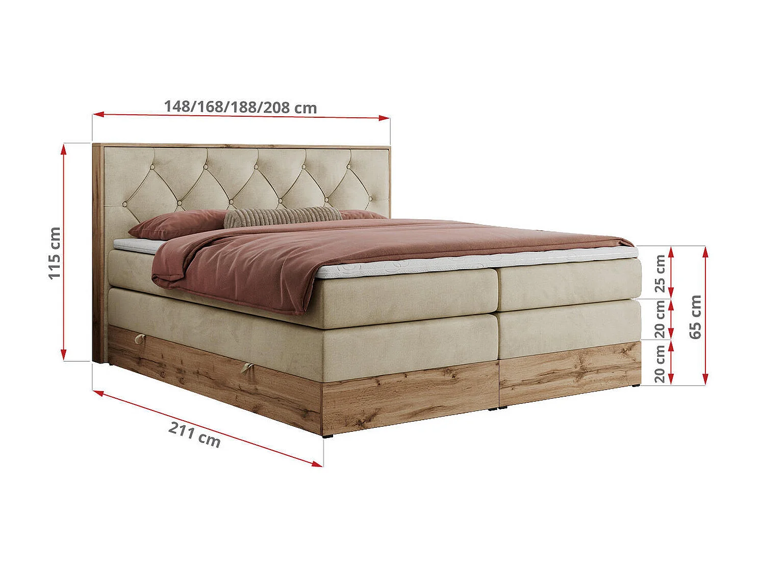 Boxspringbett VENETO KING - Polsterbett mit Multipocket-Matratzen und Kopfteil, Holzrahmen, zwei Bettkästen - 140x200 cm - H3 - Beige Velvet